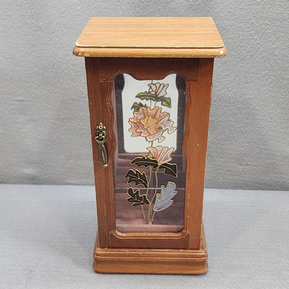 Unbranded Jewelry Armoire Brown Wood‎ Floral Etched Glass Vintage Style